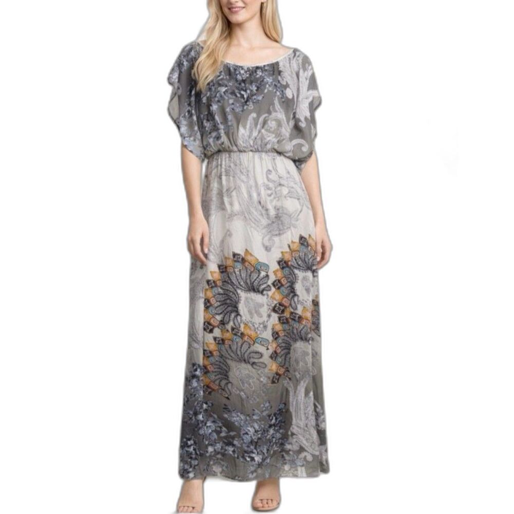Soft Surroundings Gray Ivory Floral Paisley Boho Column SS Maxi Dress Size M